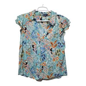 Democracy Tropical Toucan Print Ruffle Sleeve Blouse Medium